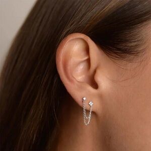 925 Sterling Silver Stud Double Piercing Platinum Earrings